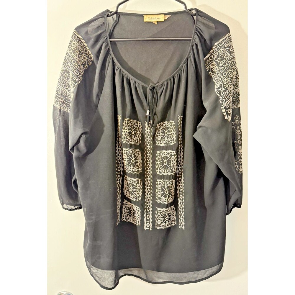 Calvin Klein Dark Fairy Black Witchy Boho Top Blouse Women's Large Flowy Hippie